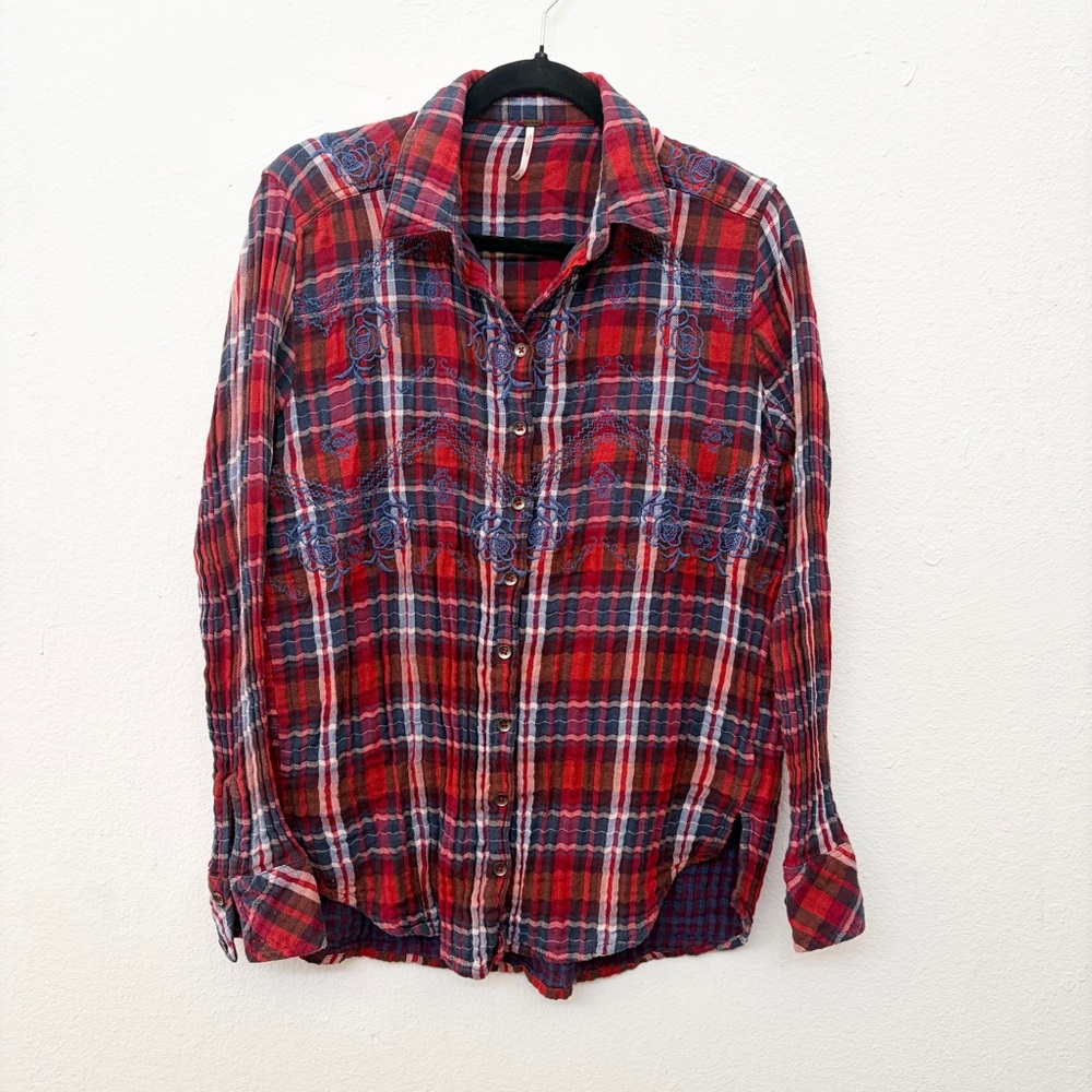 Free People Magical Plaid Embroidered Button Down Shirt Women's Size Small